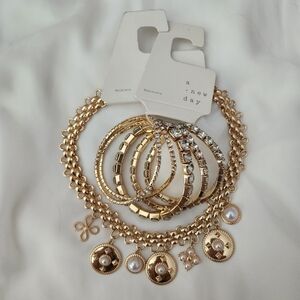 A New Day Gold Pearl Coin Charm Necklace & Rhinestone Bracelets Jewelry Set